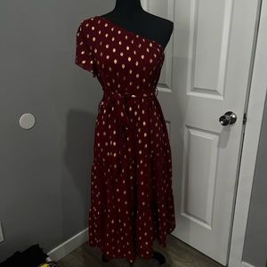 NWT Burgundy and gold one shoulder polka dot dress